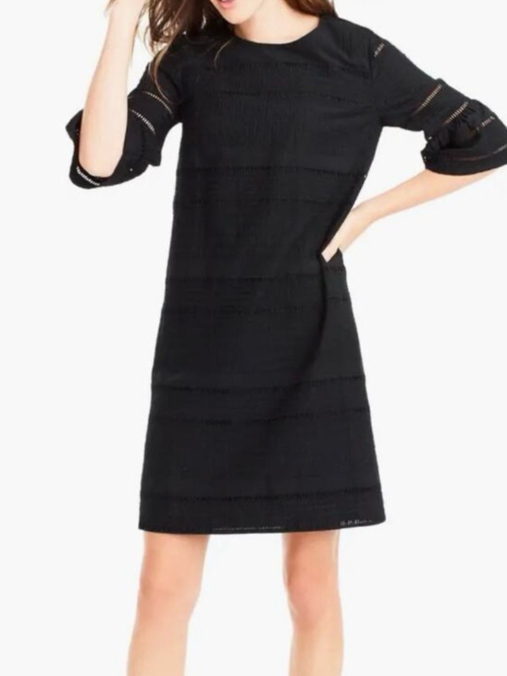 J.Crew Women’s 4P Black Eyelet Ladder Trim Shift Dress Cotton Petite Tie Back